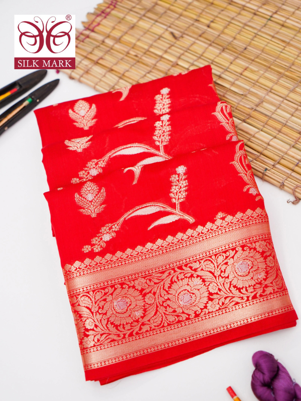 Pure Red Chinya Katan Silk Saree with Jaal Weaving By Kalakari