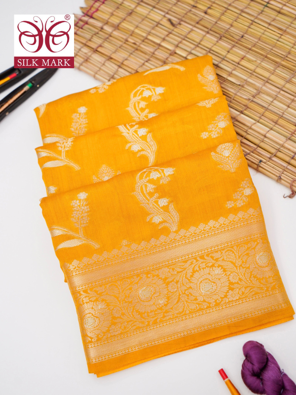 Pure Yellow Chinya Katan Silk Saree with Jaal Weaving By Kalakari