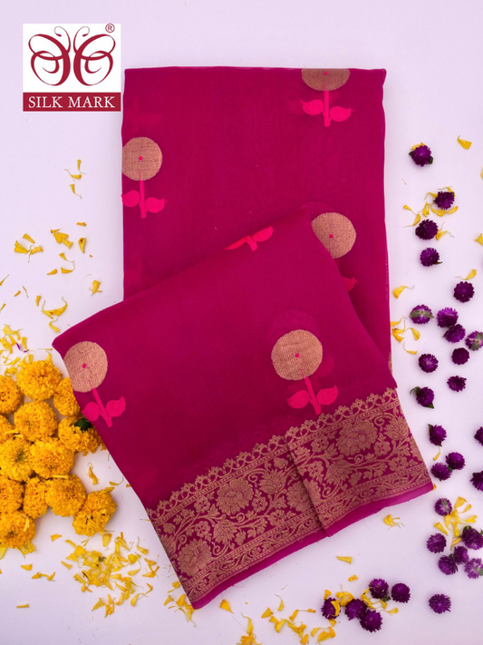 Handloom Banarasi Pure Kora Organza Saree with Kadhwa Buti Weaving By Kalakari
