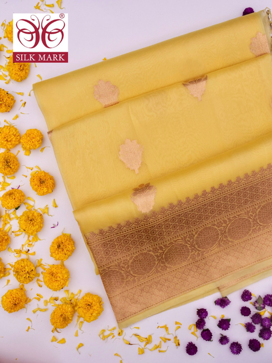 Handloom Banarasi Pure Kora Organza Saree with Kadhwa Buti Weaving By Kalakari