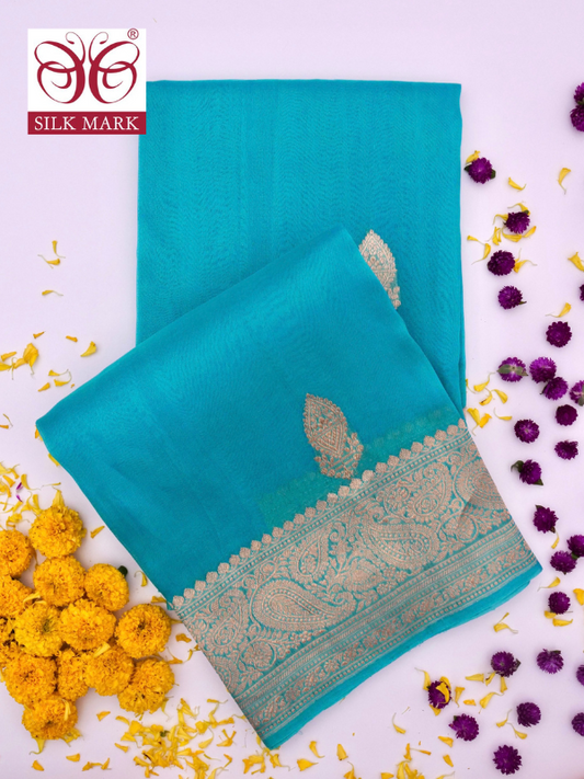 Handloom Banarasi Pure Kora Organza Saree with Kadhwa Buti By Kalakari