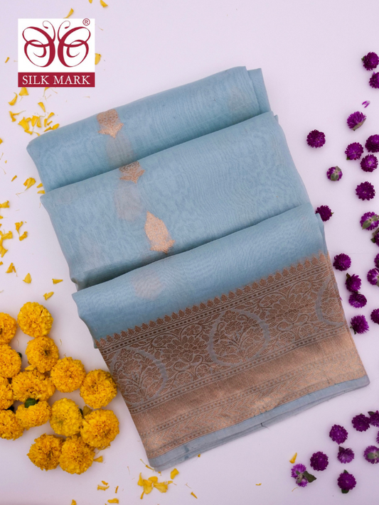 Handloom Banarasi Pure Kora Organza Saree with Kadhwa Buti By Kalakari