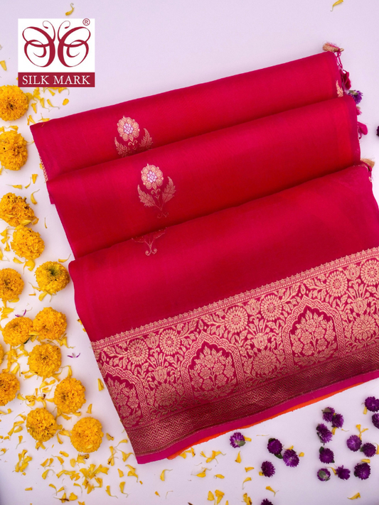 Handloom Banarasi Pure Kora Organza Saree with Kadhwa Buti Weaving By kalakari