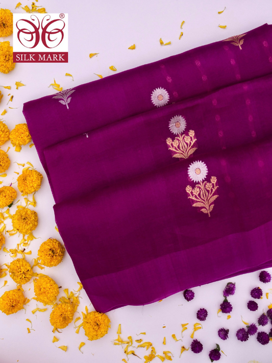 Handloom Banarasi Pure Kora Organza Saree with Kadhwa Buti By Kalakari