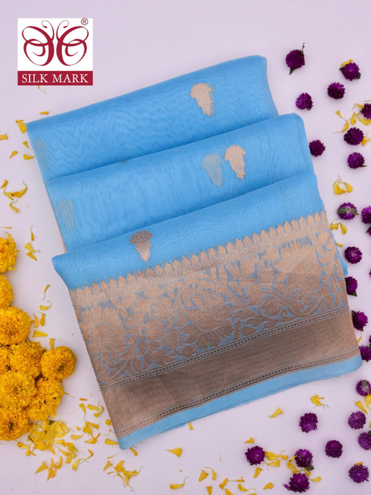 Handloom Banarasi Pure Kora Organza Saree with Kadhwa Buti Weaving By Kalakari