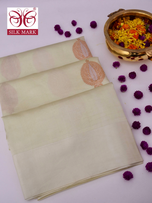 Mango Katan Silk Banarasi Saree with Handloom Kadhwa Buti By Kalakari