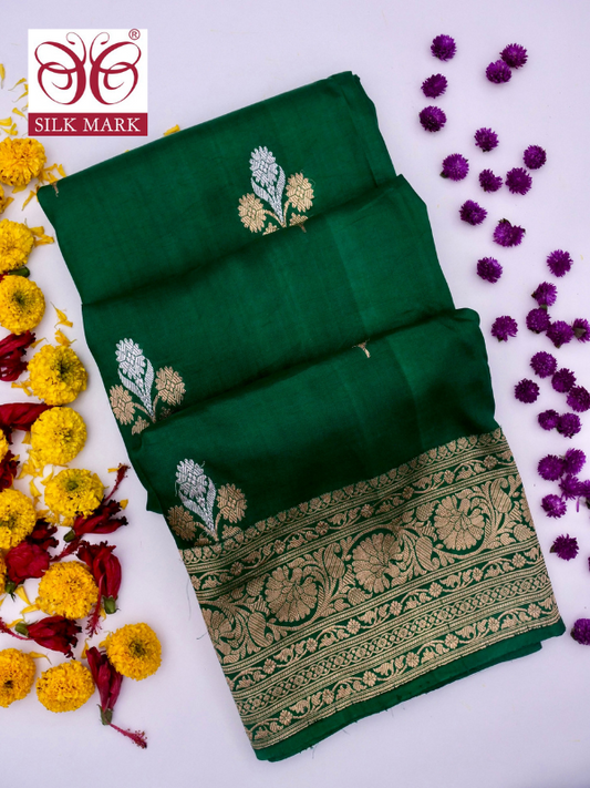 Pure Green Banarasi Mango Katan Silk Saree with Full Kadhwa Buti By kALAKARI