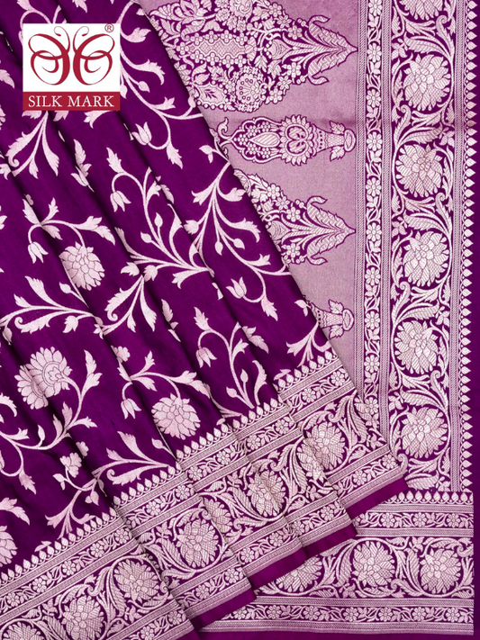 Pure Katan Silk Banarasi Saree with Allover Jaal Weaving By Kalakari By Kalakari