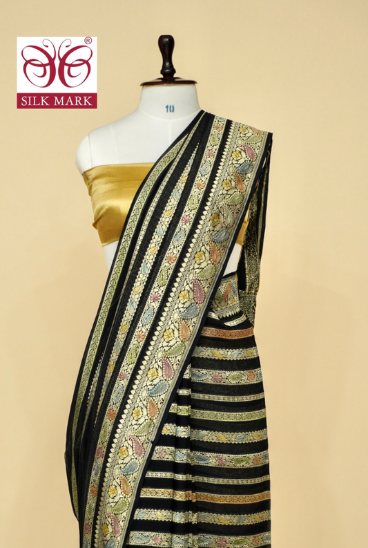 Pure Banarasi Black Khaddi Georgette Saree with Meenakari Work By Kalakari